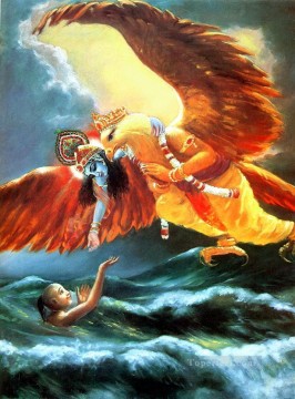 Krishna and eagle king saving boy in sea Hinduism Oil Paintings